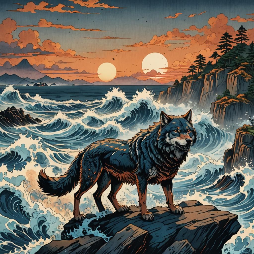 Wolf Samurai in Ocean: Japanese Woodblock Print