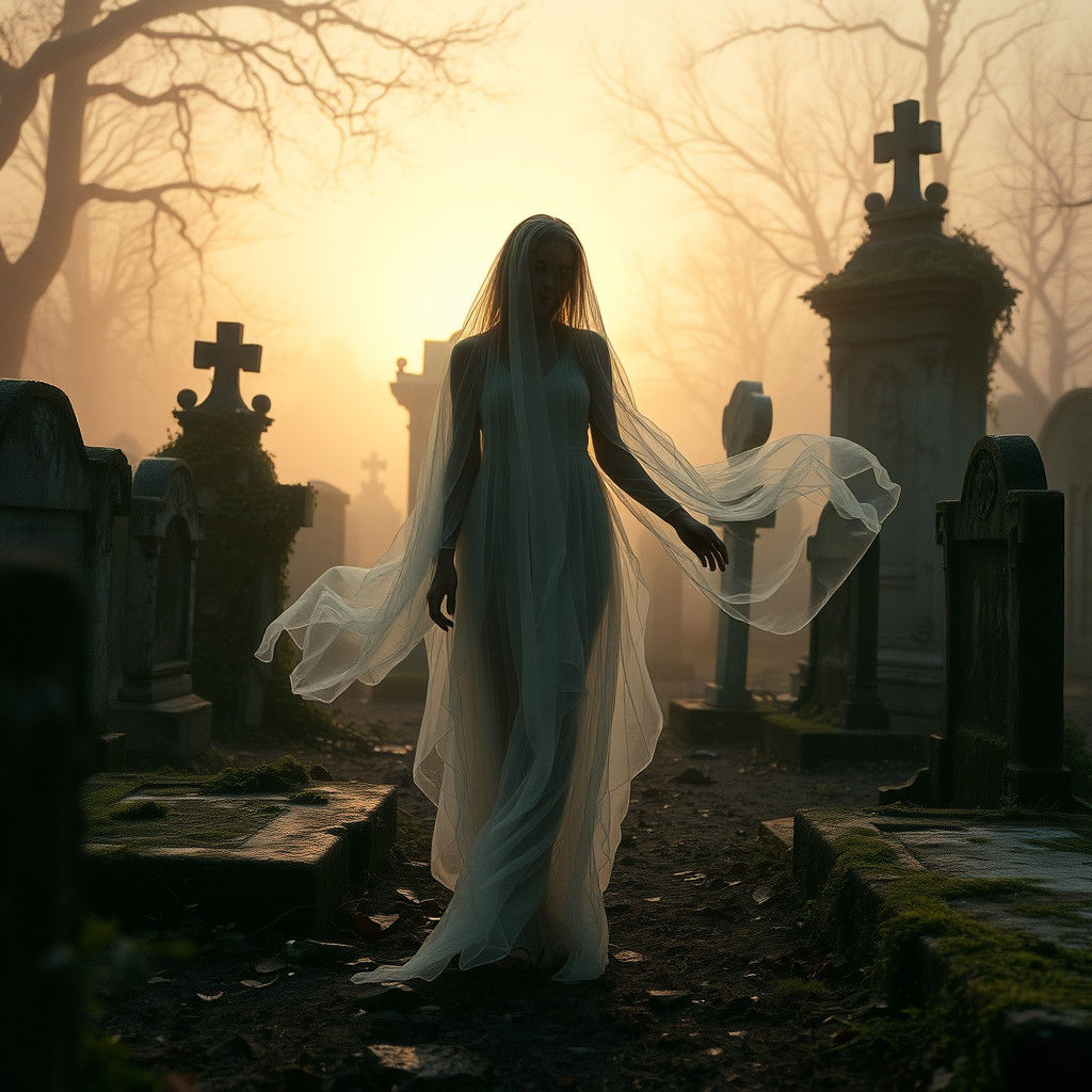Ethereal Woman in Gothic Cemetery at Dawn