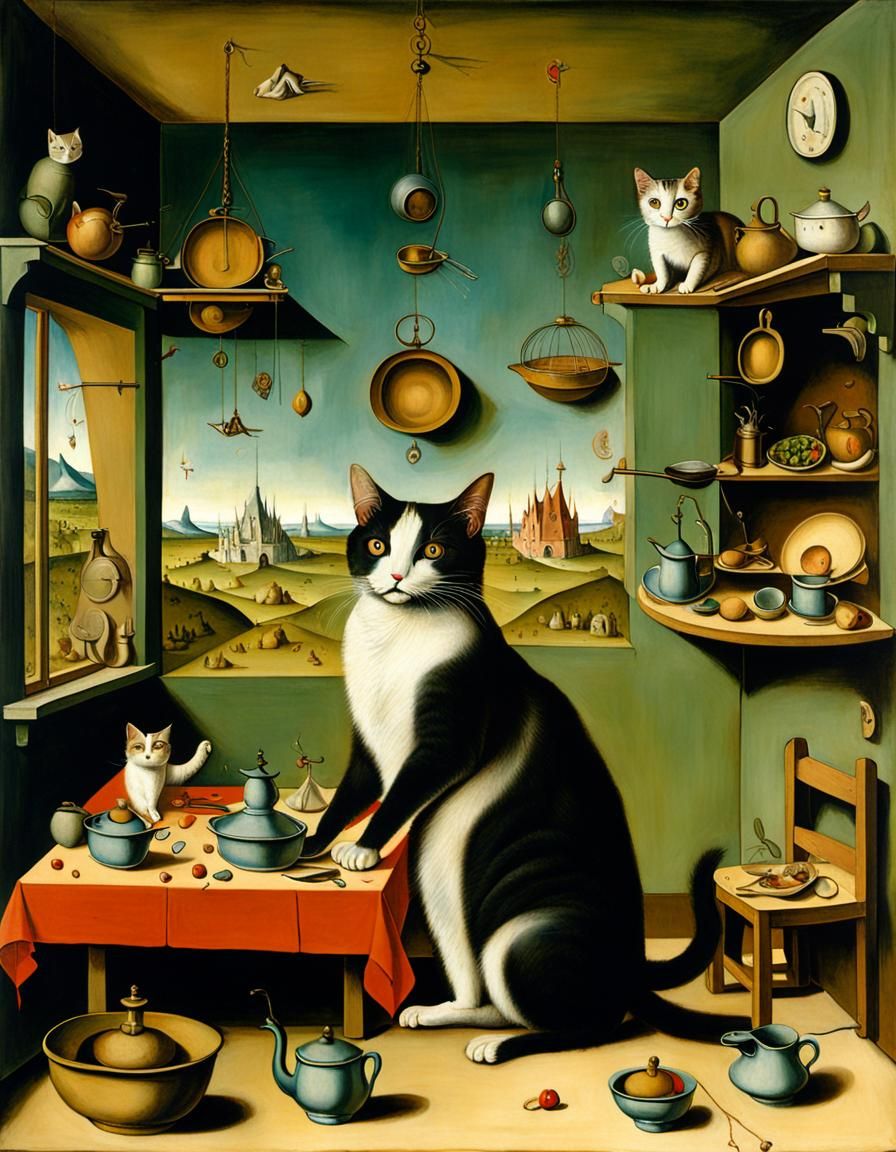 Surreal Giant Cat in Dollhouse Kitchen