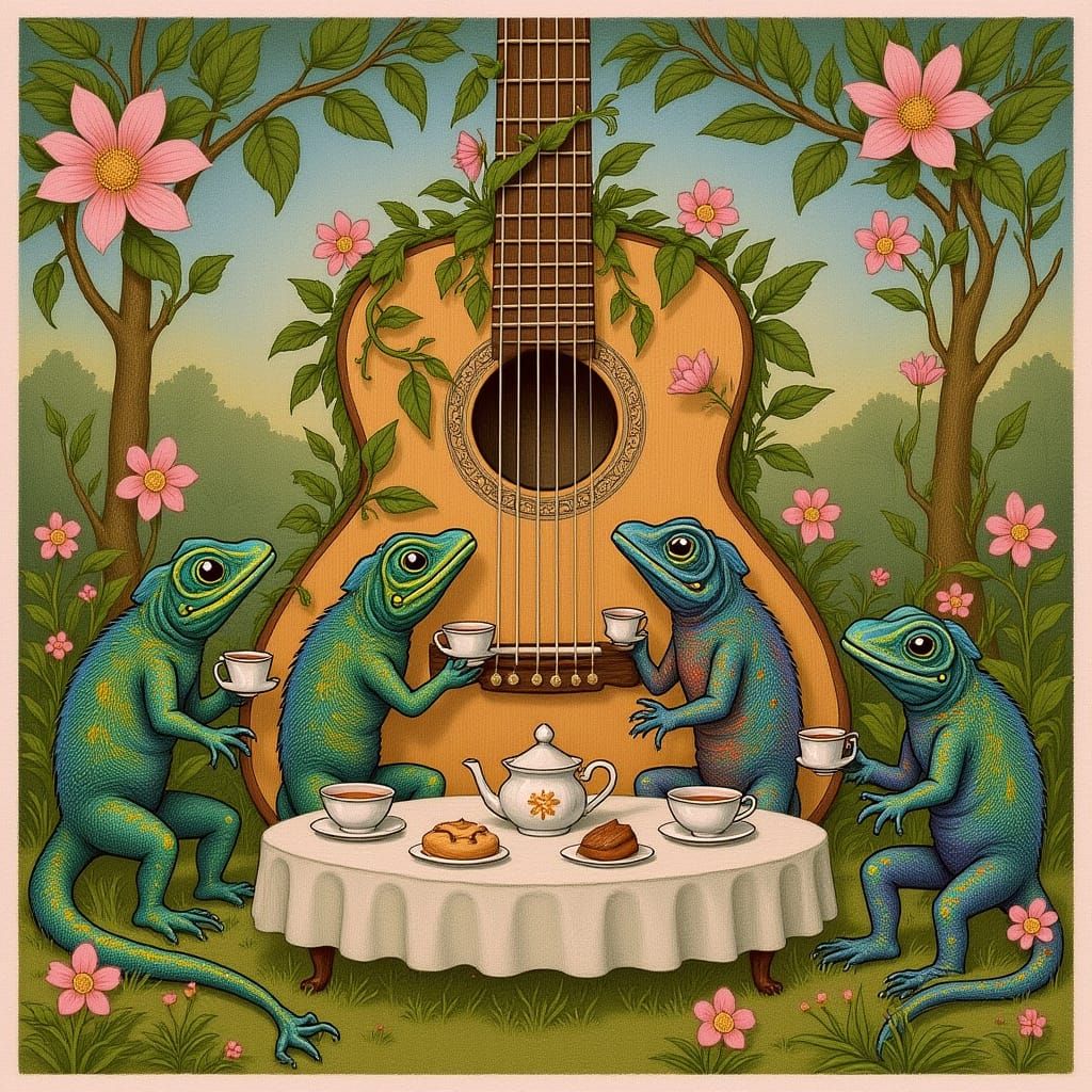 Envision a whimsical scene where a family of chameleons is hosting a tea party inside a hollowed-out guitar, their scale...