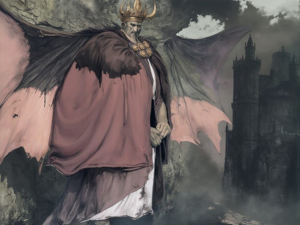 Dark King with Majestic Bat Wings, Castle in the Background