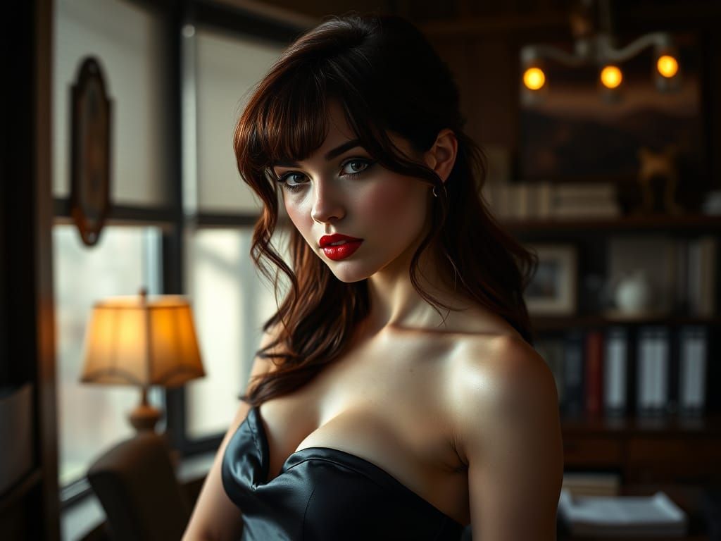 Sensual Woman Poses in Office with Dramatic Lighting