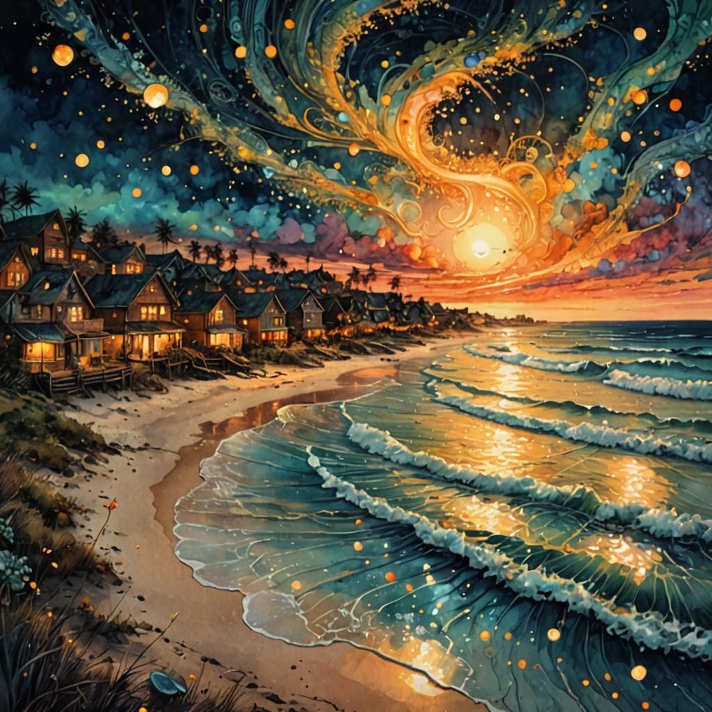 Cosmic Sunset Beach Village: Watercolor Painting
