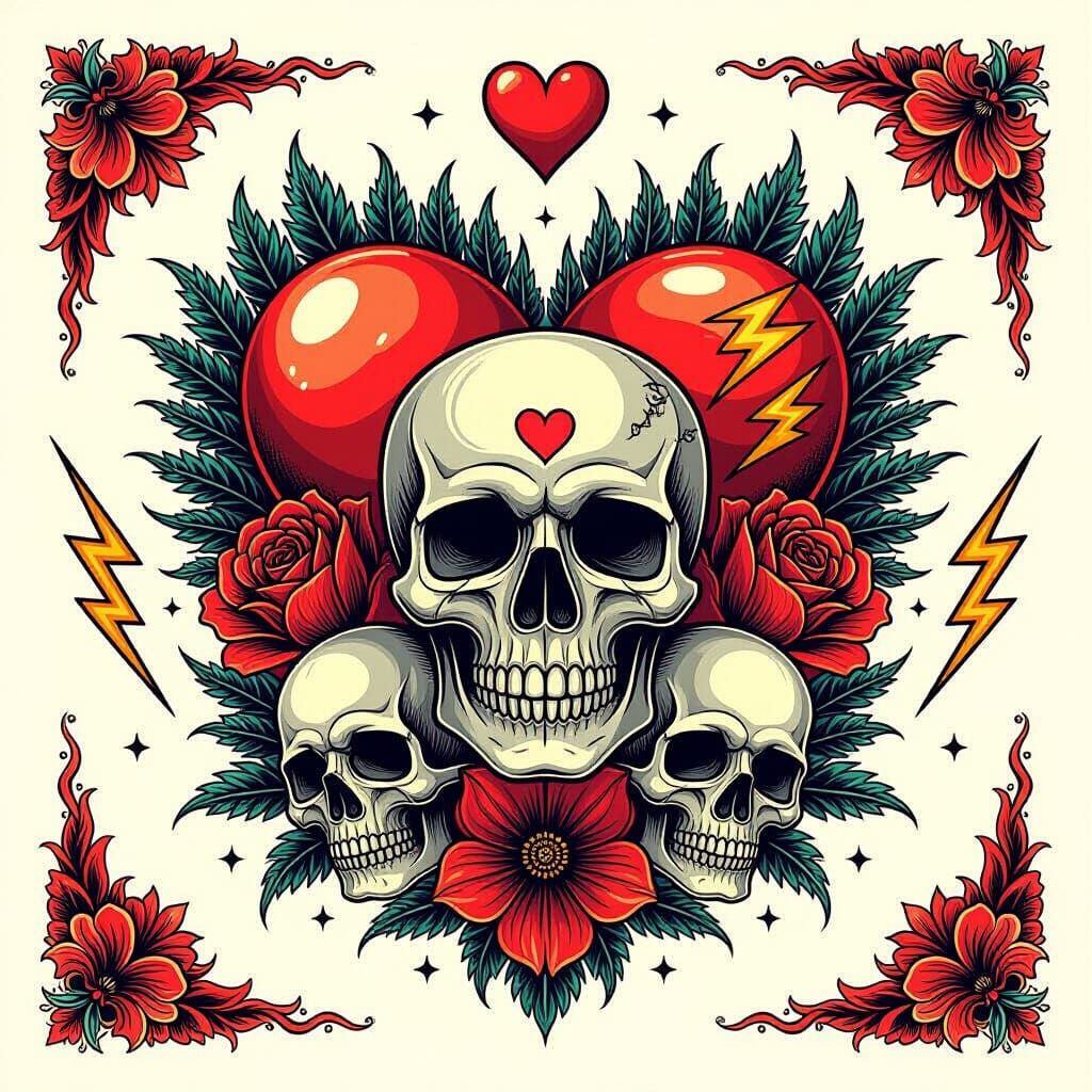 Tattoo Sheet with Hearts, Skulls, and Lightning