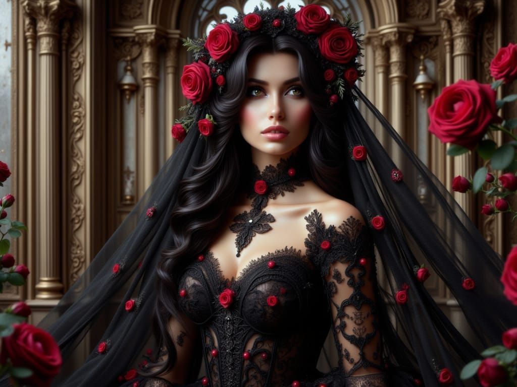 Gothic Beauty in Enchanted Black Lace and Roses