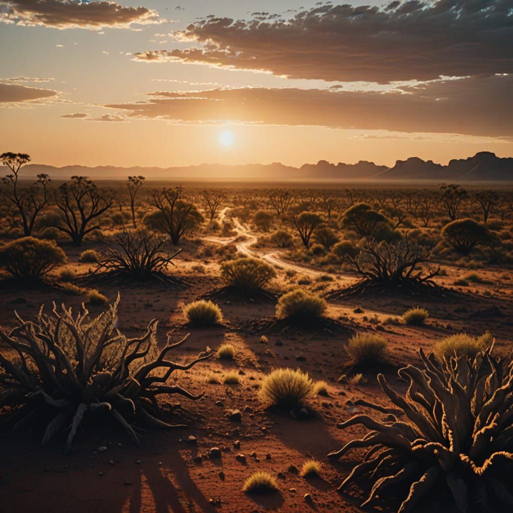 Dramatic Outback Sunrise with Swirling Dust in Cinematic Fil...