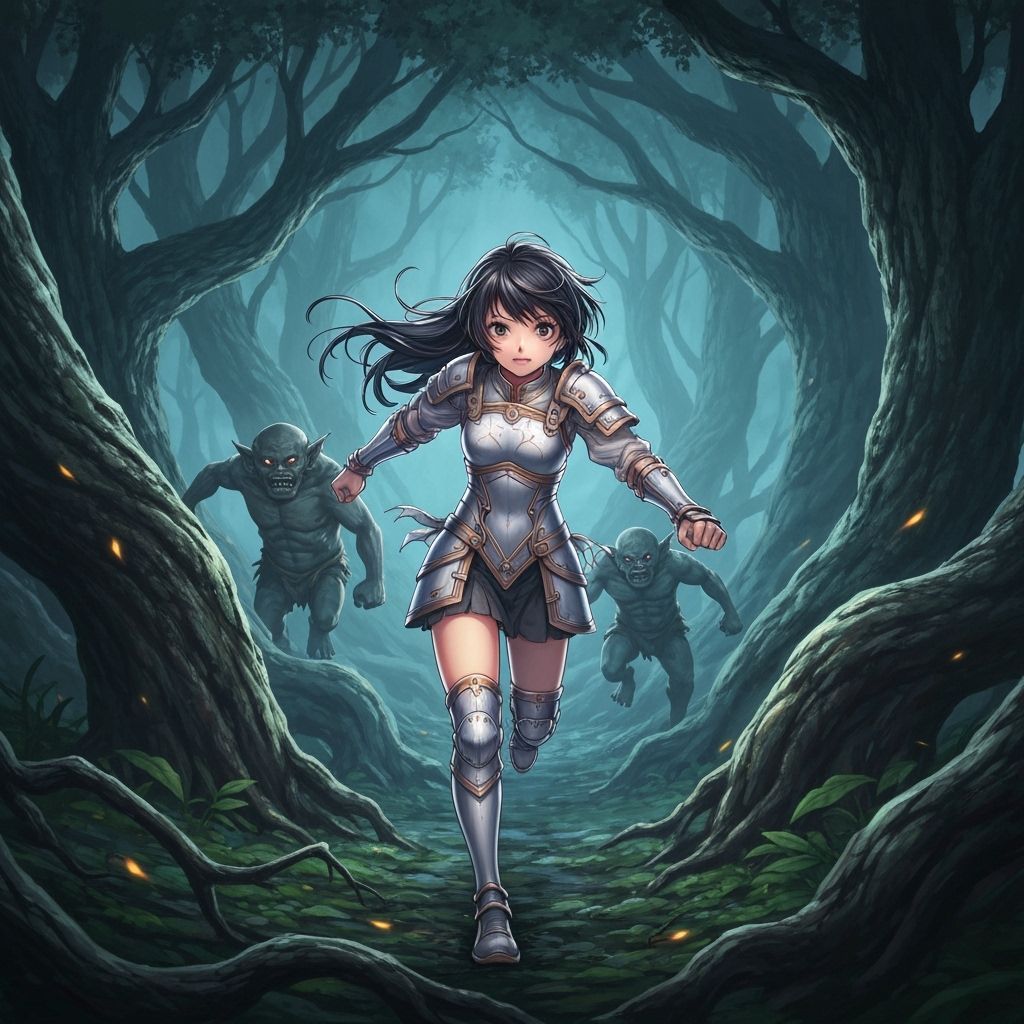 Girl Flees Ogres in Dark Forest Anime Style