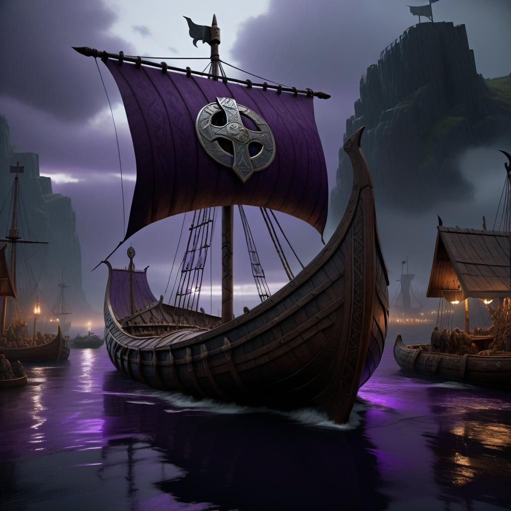 Viking Ship in Harbor with Runes, Dark Fantasy Art