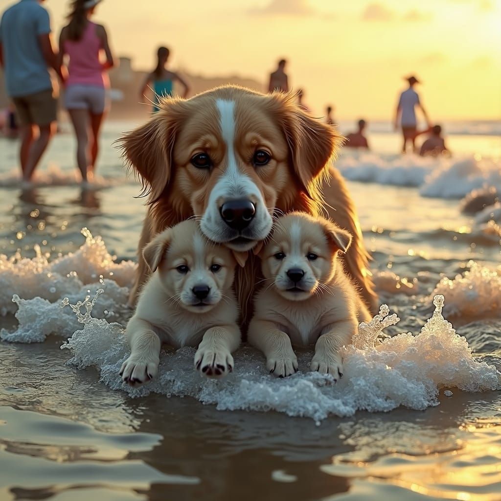 Golden Retriever Saves Puppies at Sunset