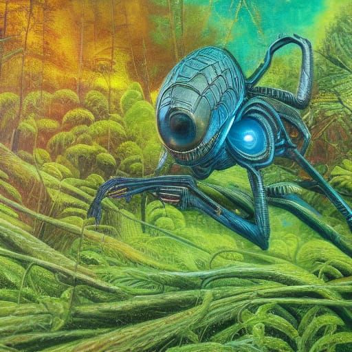 Alien in Misty Forest: Surreal Oil Painting