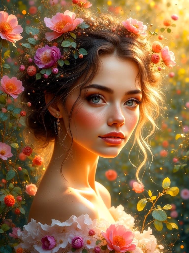 Woman Amidst Flowers in Golden Hour Light