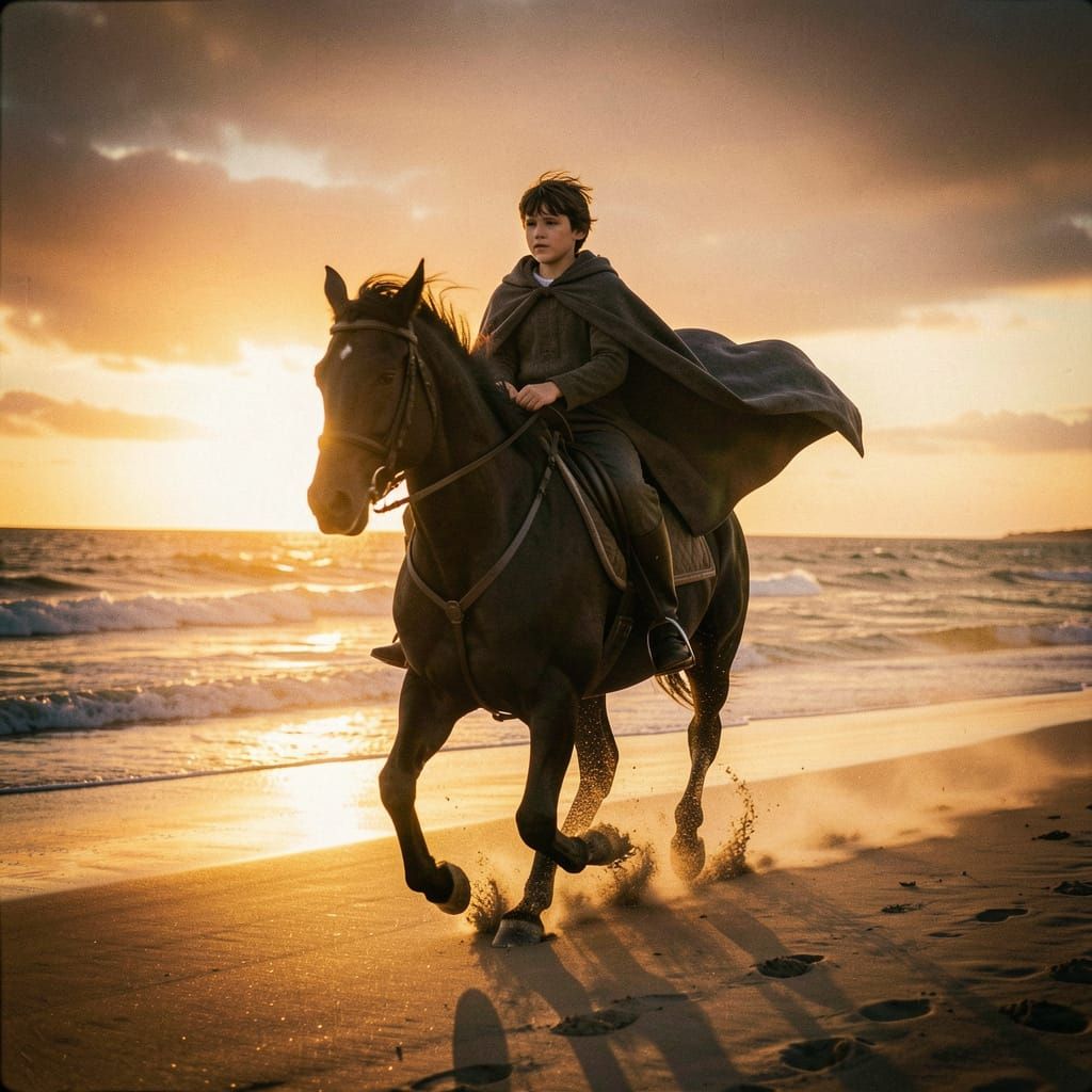 Boy on Horse at Sunset Beach - Cinematic Film Still