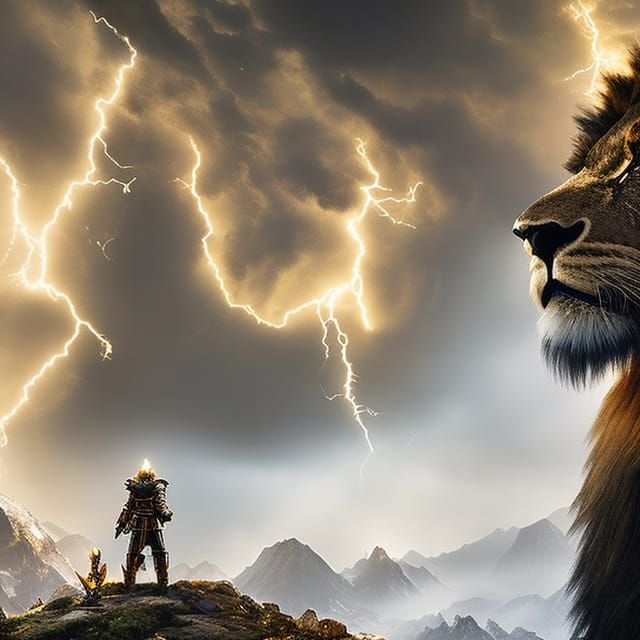 Golden Lightning Lion God in Ancient Forest