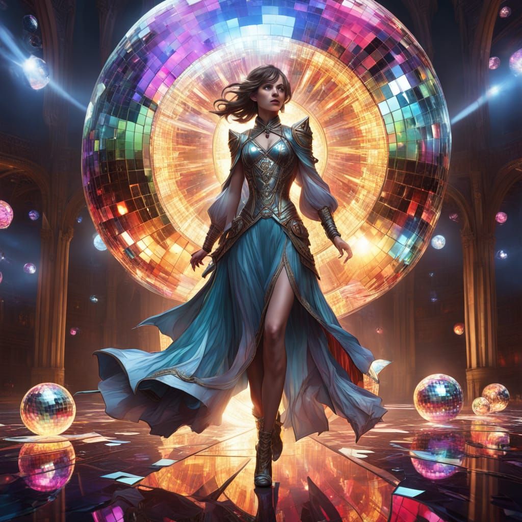 Woman in Mirror Dress on Disco Floor with Disco Ball