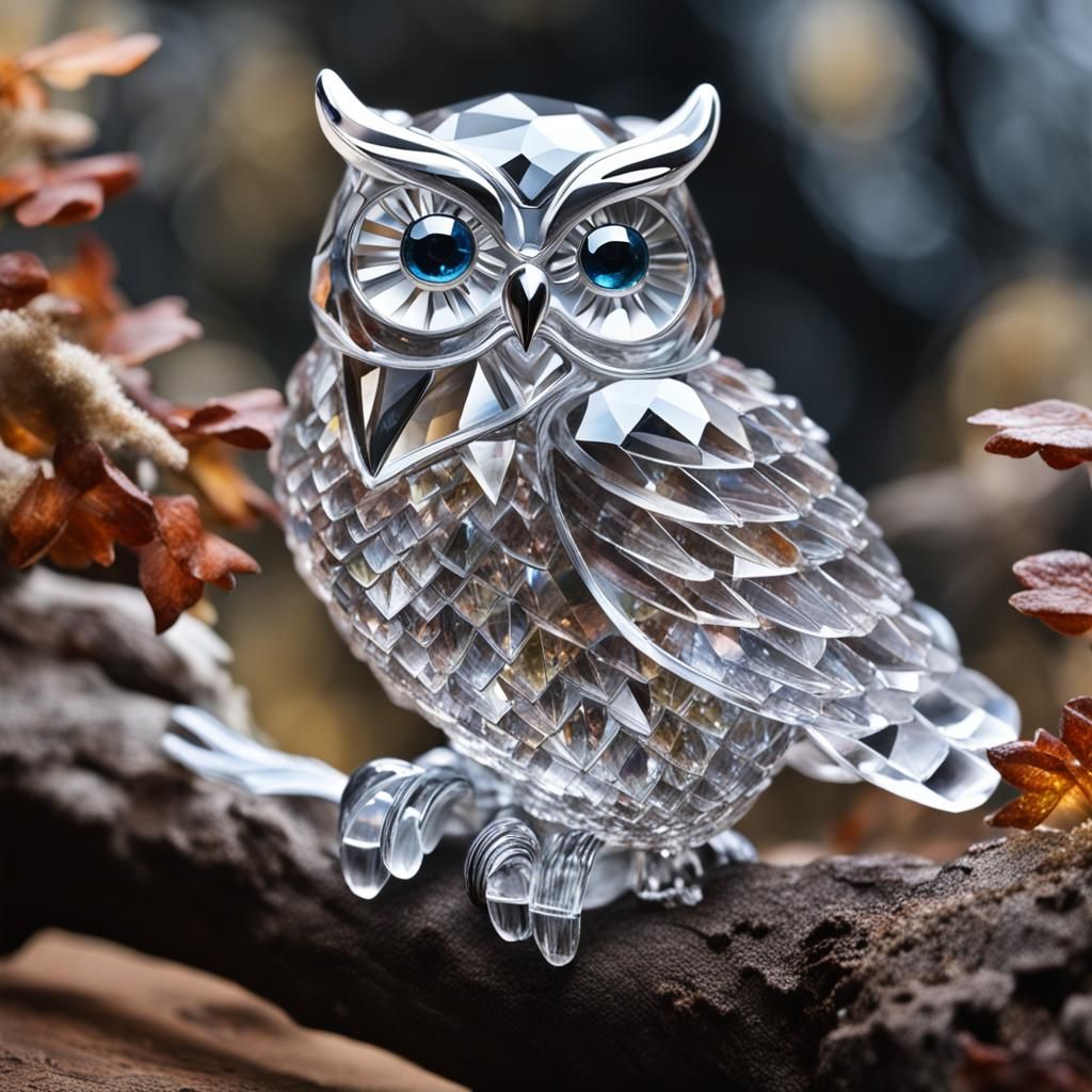 Hyperrealistic Crystal Owl on a Tree Branch