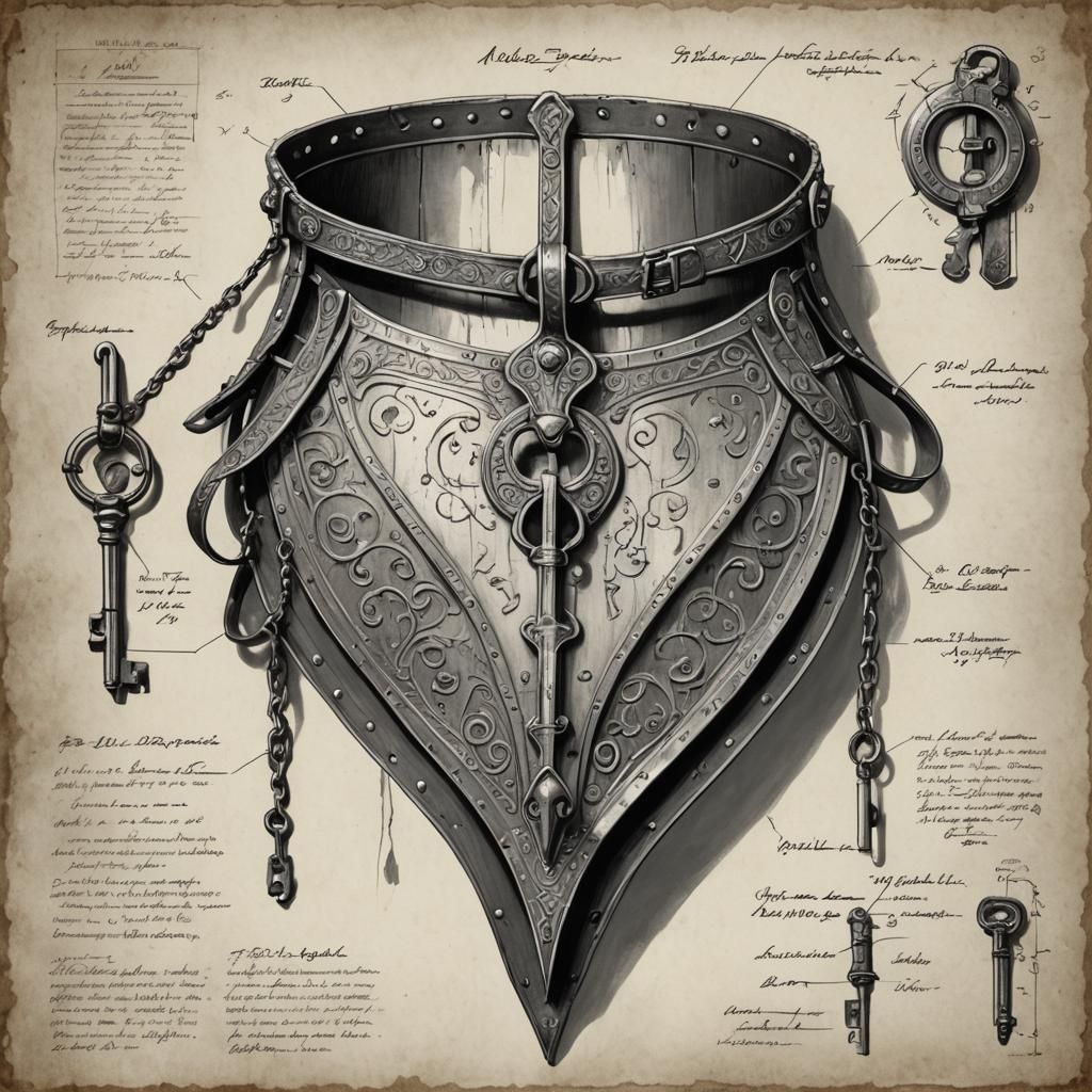 Medieval Chastity Belt: Technical Drawing in Black and White