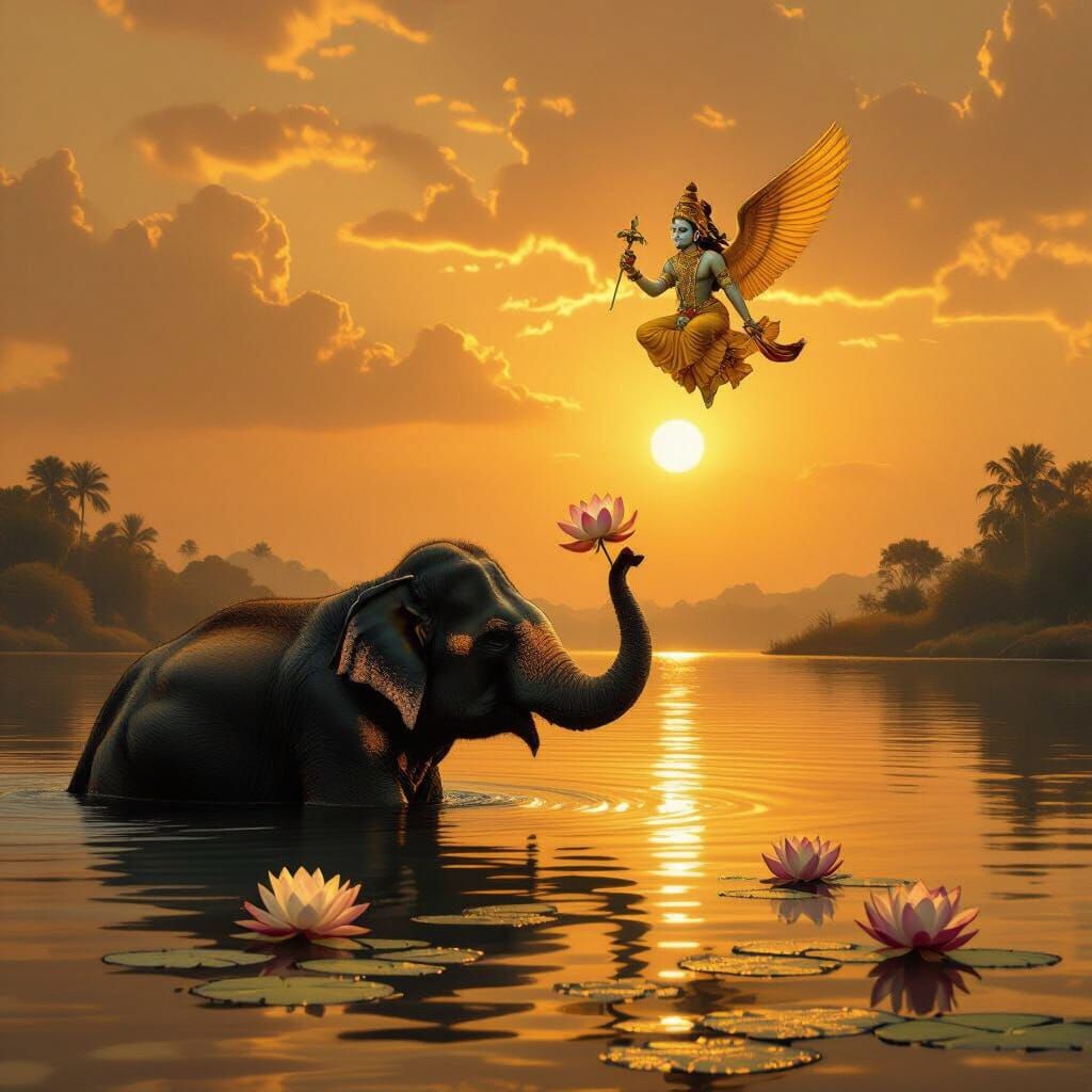 Gajendra Elephant and Vishnu in Golden Light