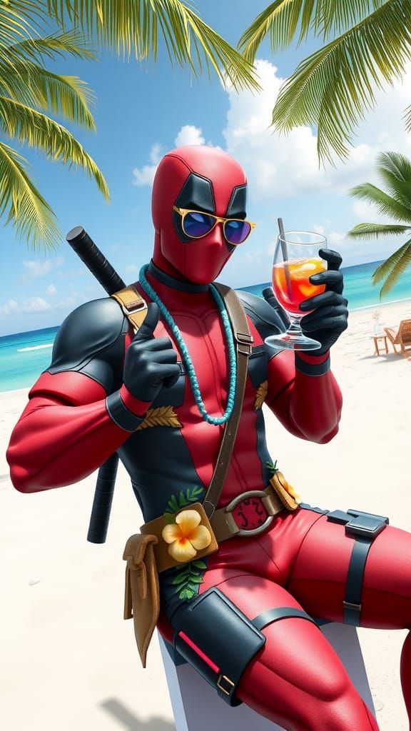 Deadpool's Tropical Beach Vacation in Anime 3D Art