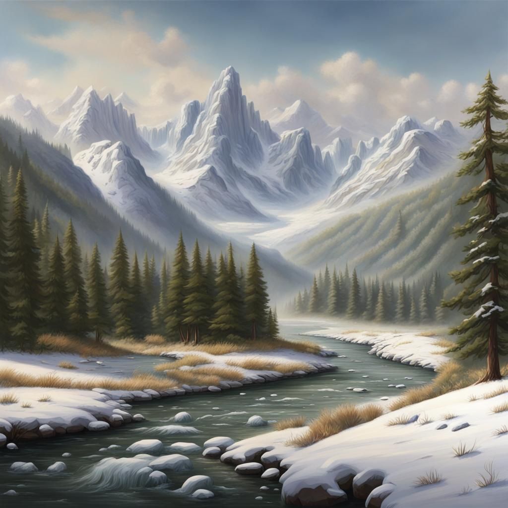 Matte Painting of Snow-Capped Mountains and River