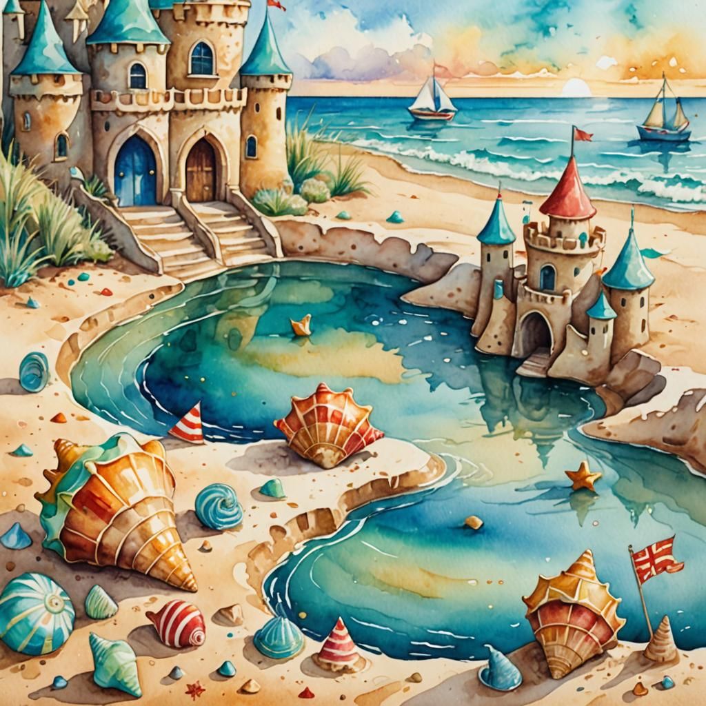 Whimsical Sandcastle Conch Shell in Watercolor