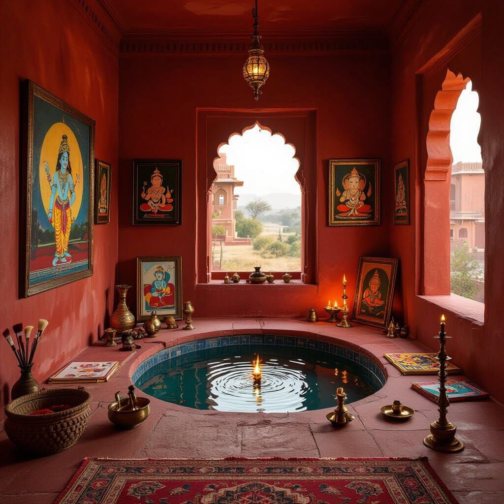 Indian Artist's Room with Crescent Moon Pond