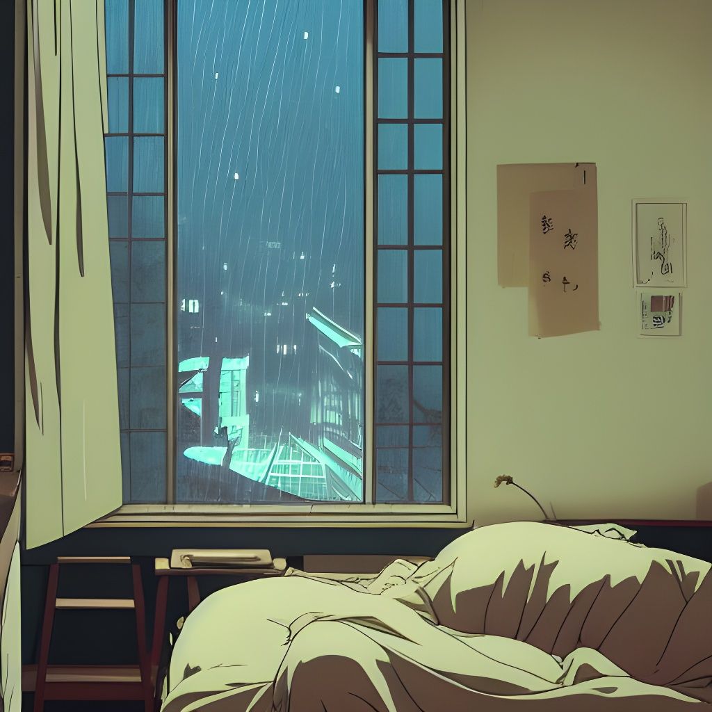 Rainy Night in Messy Bedroom, Cel-Shaded Style