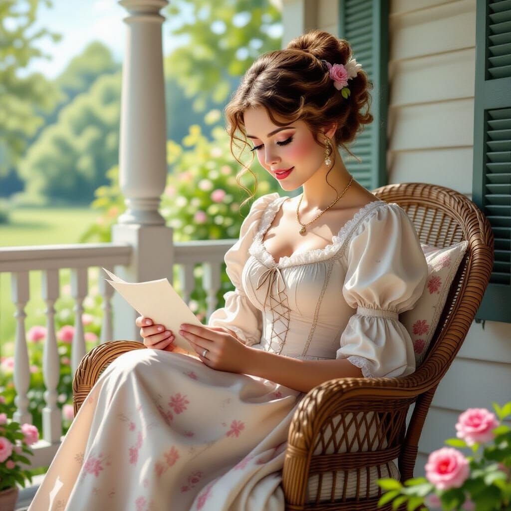 Victorian Lady Writing Love Letter on Spring Porch