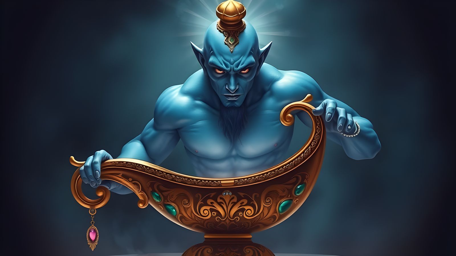 Majestic Blue Genie Emerging from Golden Magic Lamp