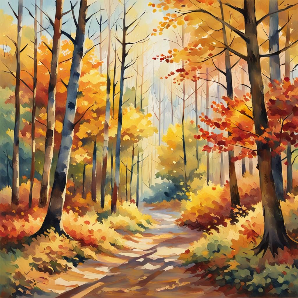 Impressionist Autumn Forest in Gouache Watercolor Style