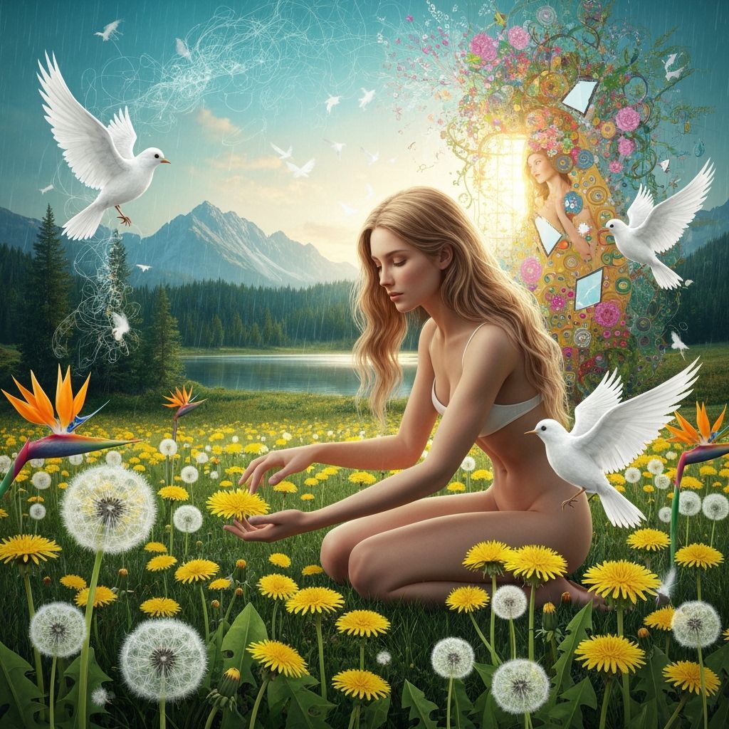 Serene Woman Gathering Dandelions for Ethereal Snow Birds
