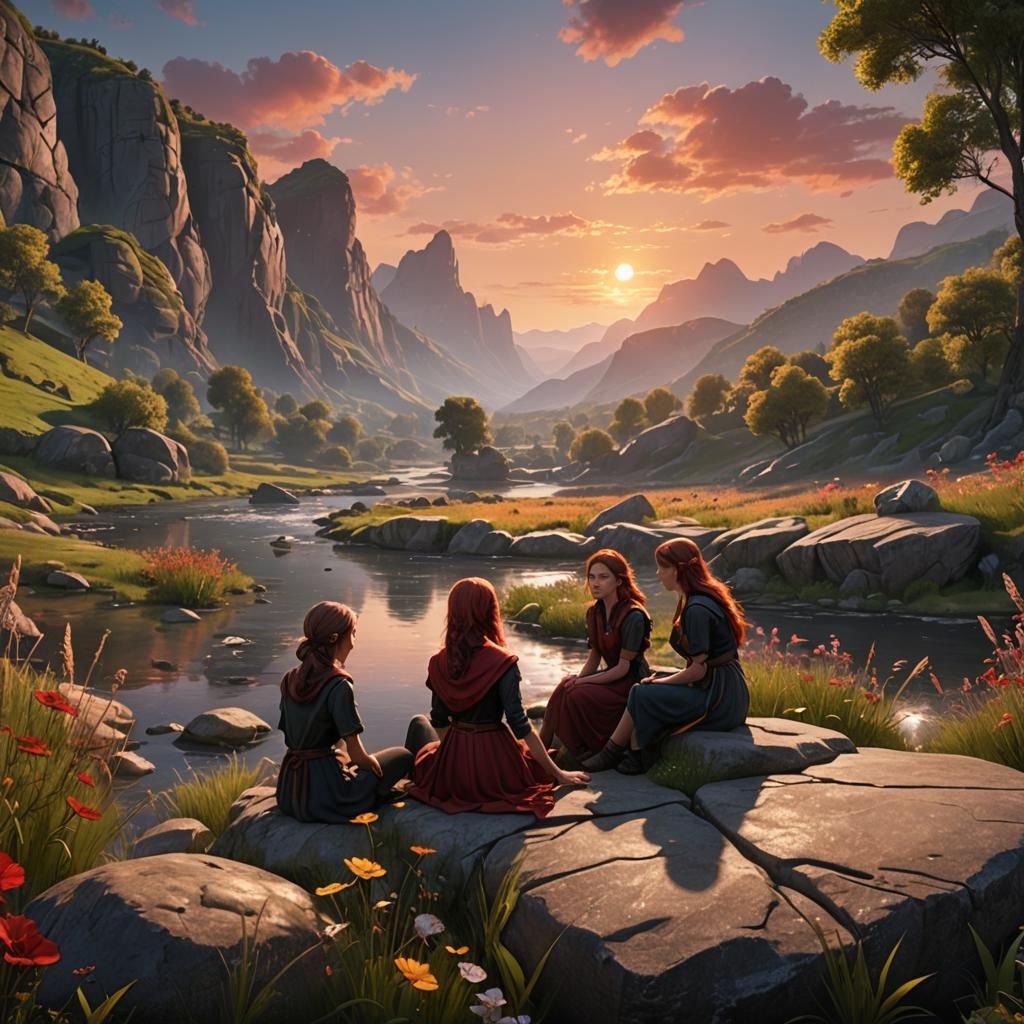 Girls by River at Sunset: Fantasy Concept Art