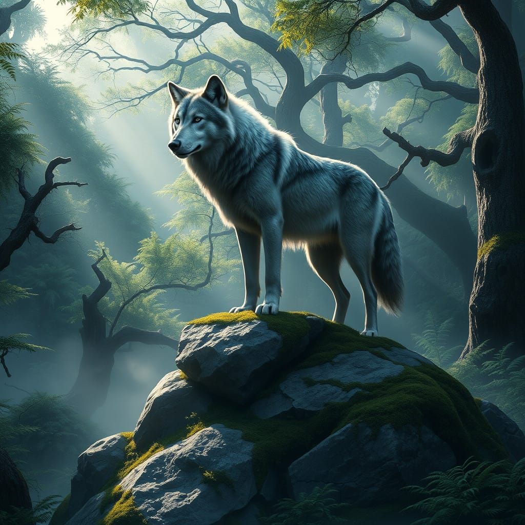 Majestic Gray Wolf in Lush Forest Landscape