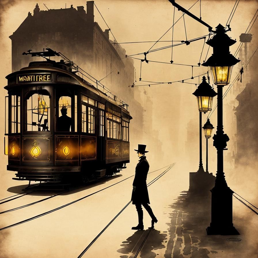Steampunk Tram Scene in Modern Ink Painting Style