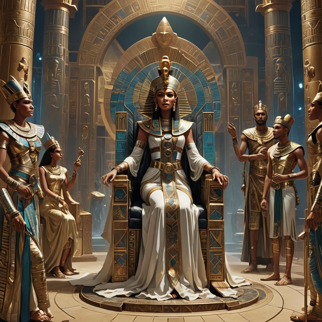 Cleopatra Debates Moses in Opulent Sci-Fi Concept Art