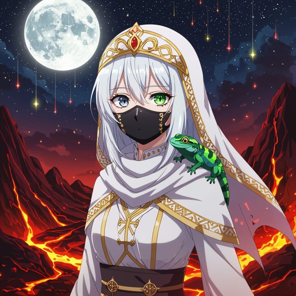 Anime Girl with Gecko in Lava Landscape
