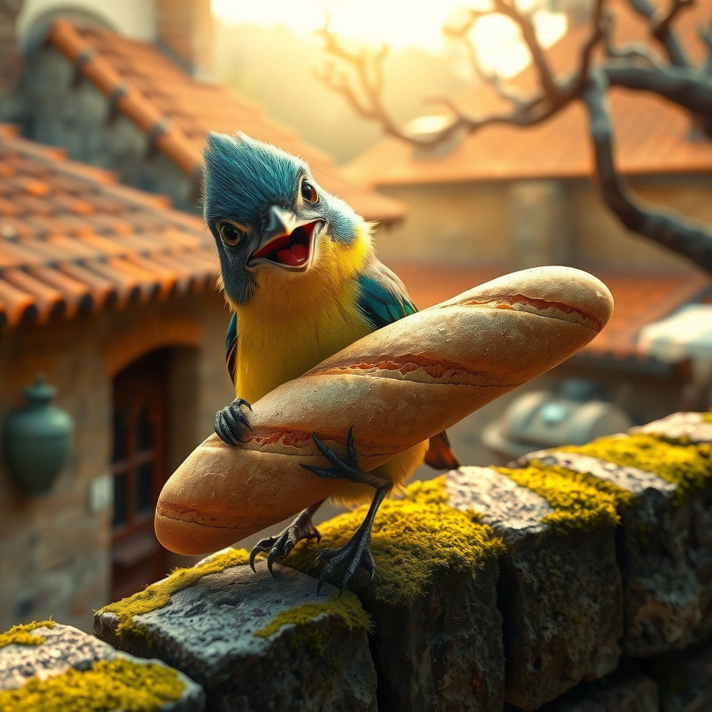 Delighted Bird with Baguette in Hyperrealistic Style