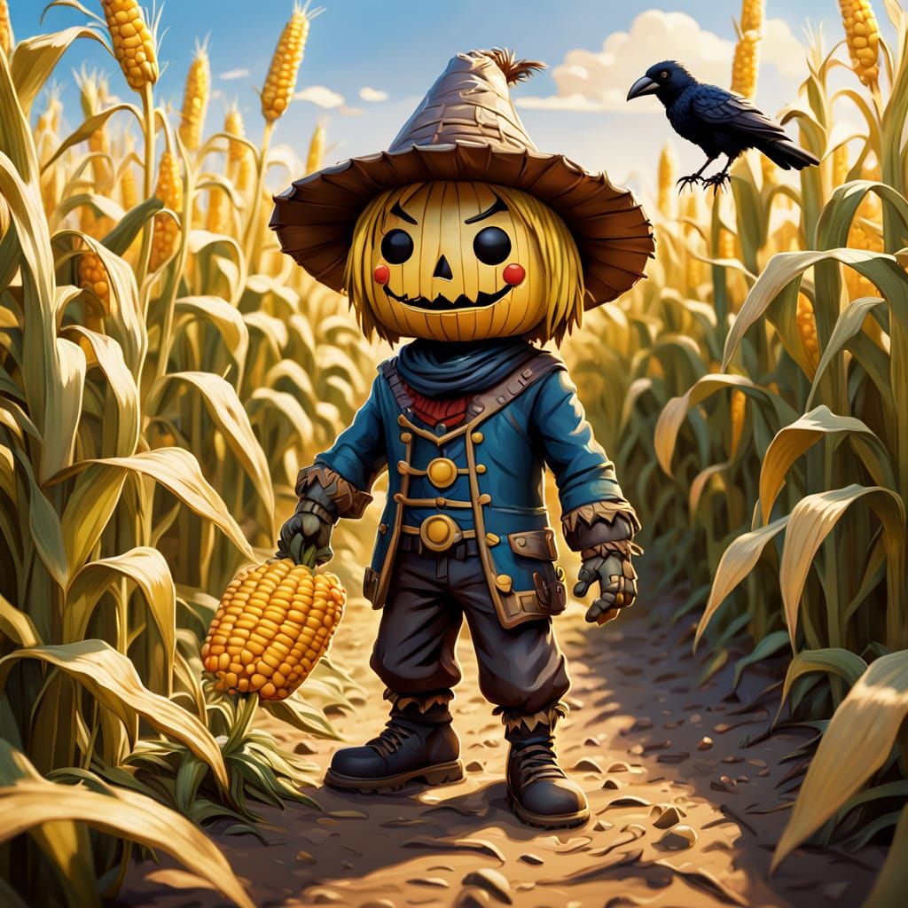 Funko Pop Scarecrow Shares Corn with Crow in Golden Hour