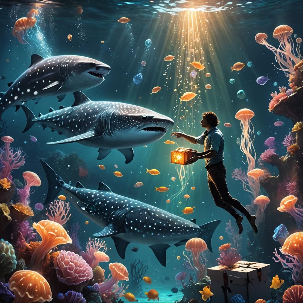 Glowing Whale Shark and Mermaid in Fantasy Ocean