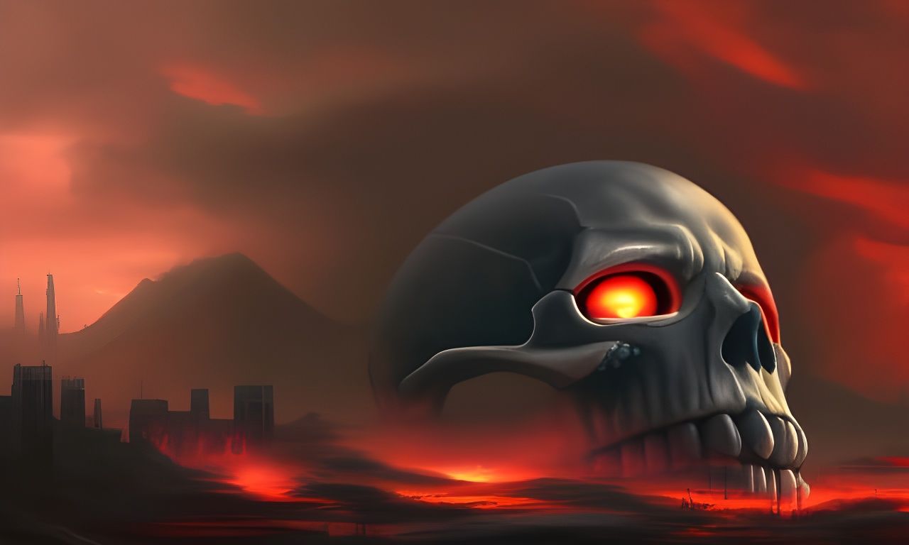 Giant Skull with Red Eyes in Dark Sky