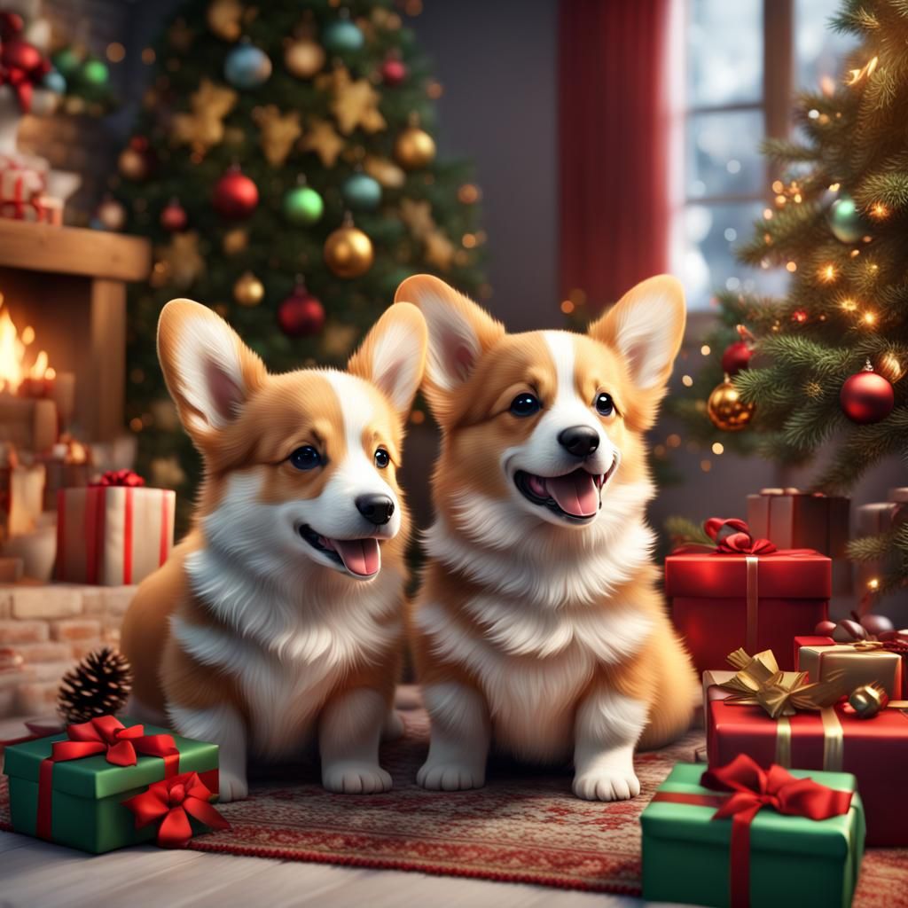 Corgi Puppies Celebrate Christmas: Detailed Matte Painting