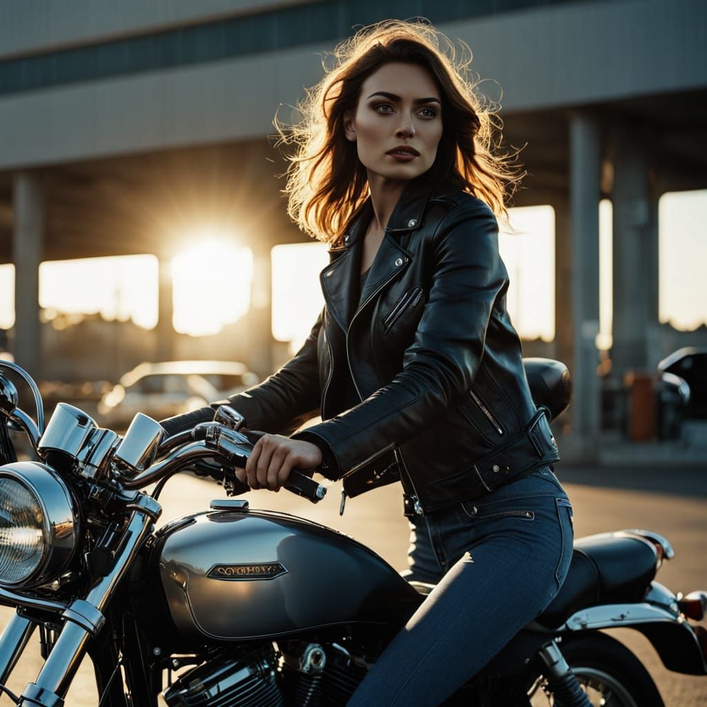 Motorcycle Film Still in Film Noir Style