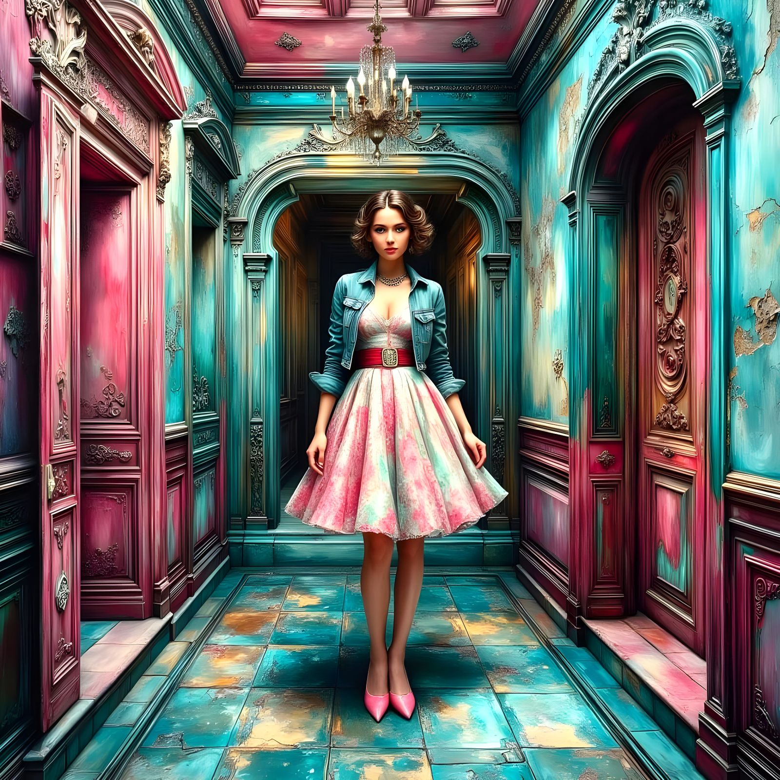 Woman in Dreamscape: Impasto Oil Painting with Retro Texture