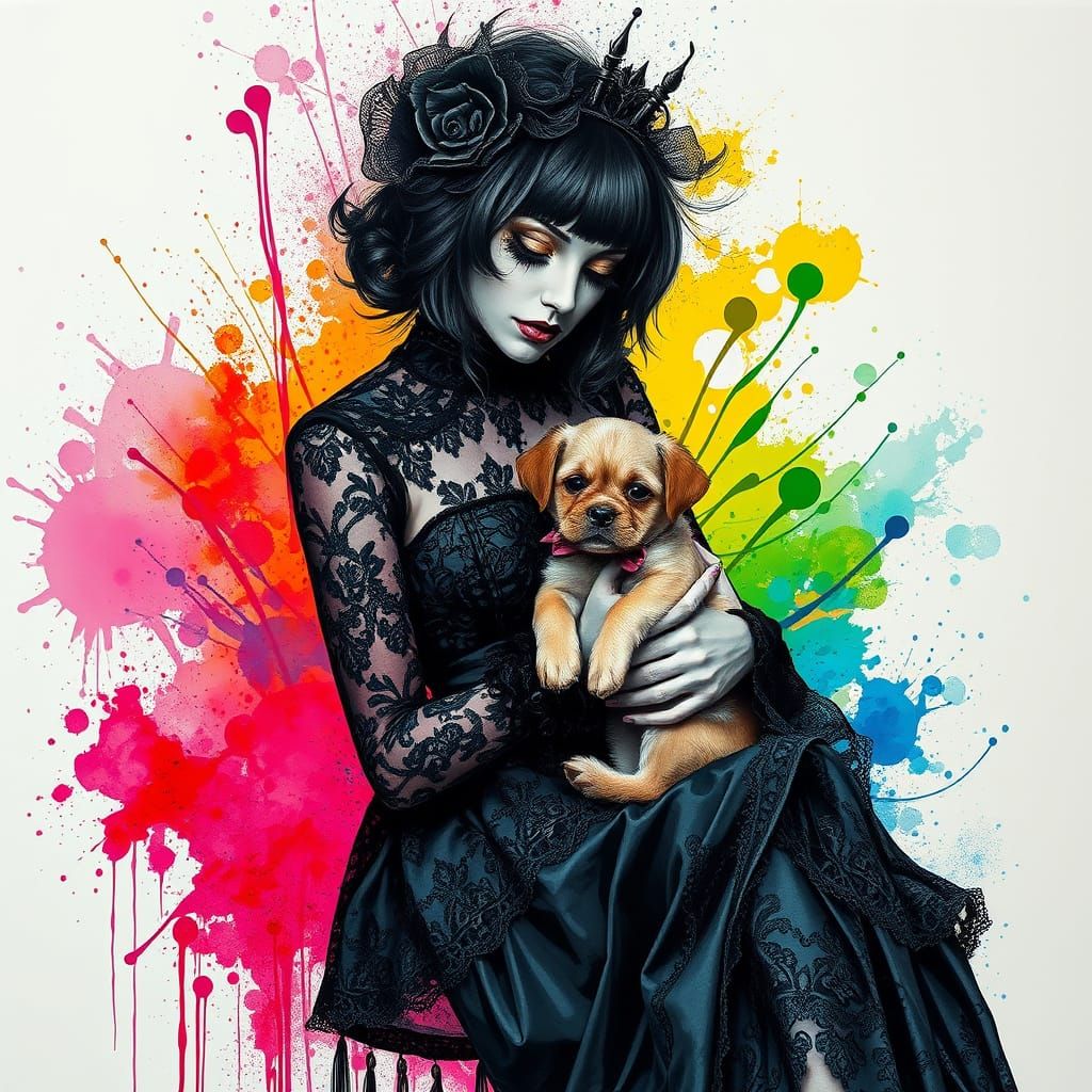 Gothic Woman with Puppy in Graffiti Art Style