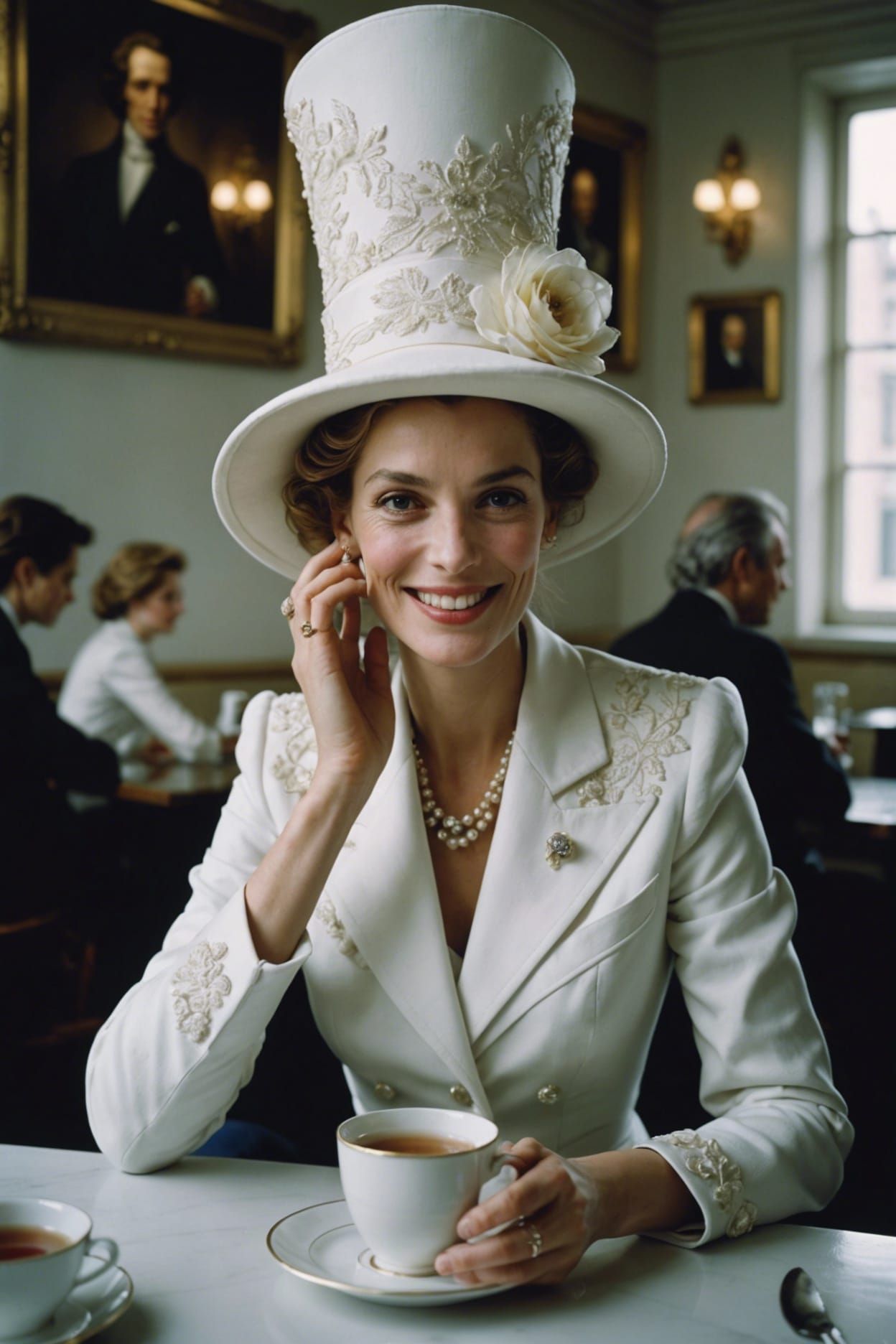 Photorealistic Portrait of Woman in Cafe, Couture Style