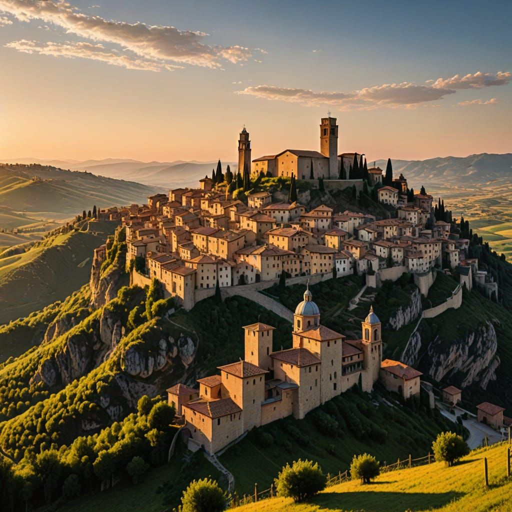 Medieval Italian hilltop village with towers, golden hour