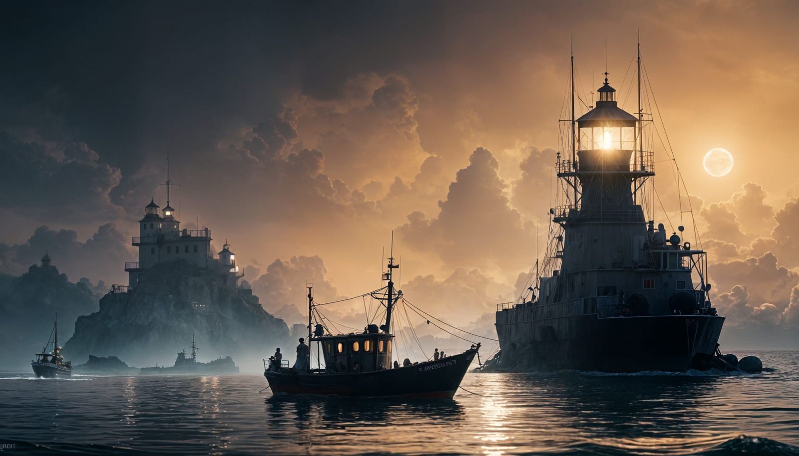 Lighthouse Glow on Fishing Boat at Midnight