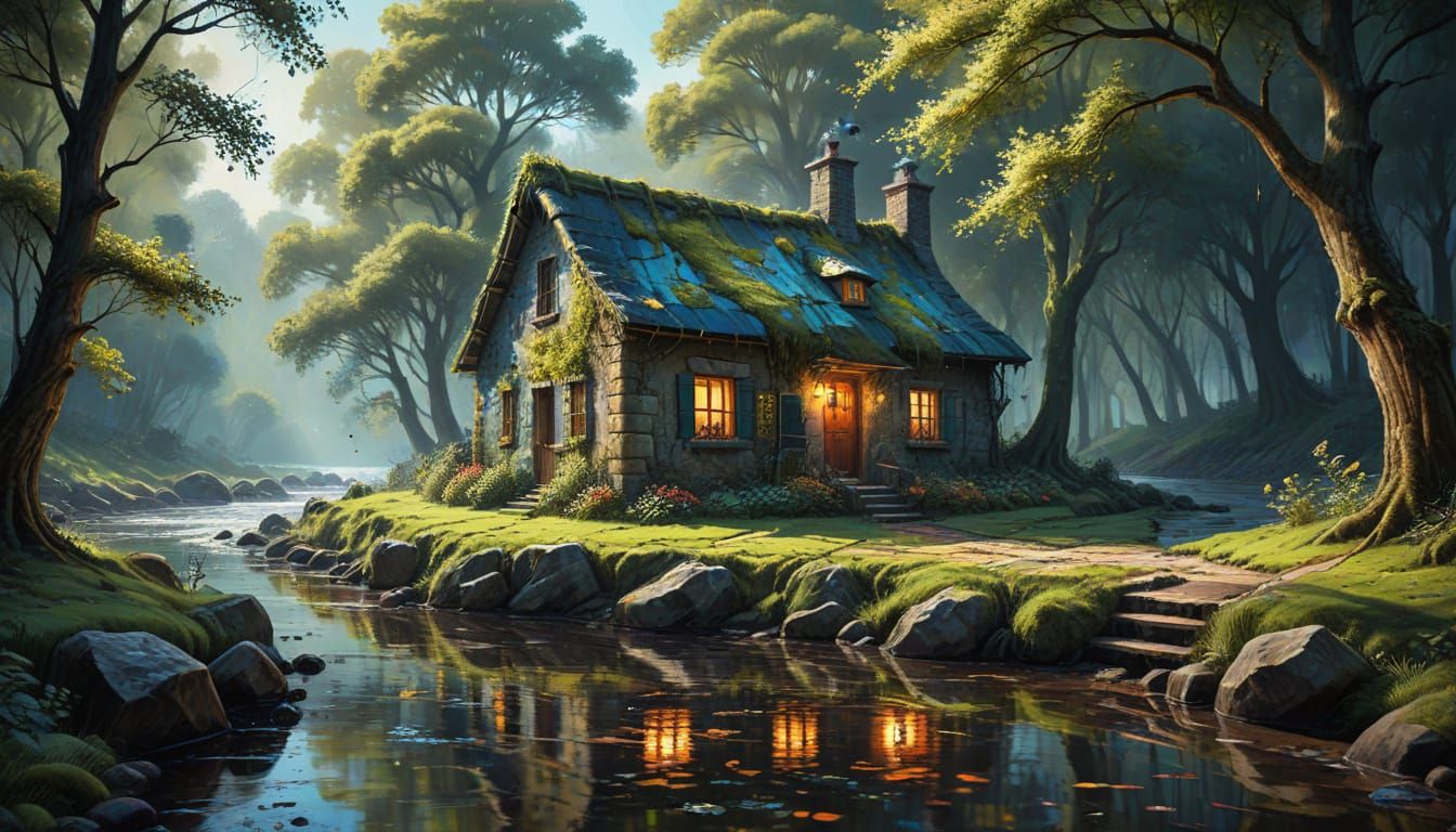 Tranquil Stone Cottage by River in Misty Forest