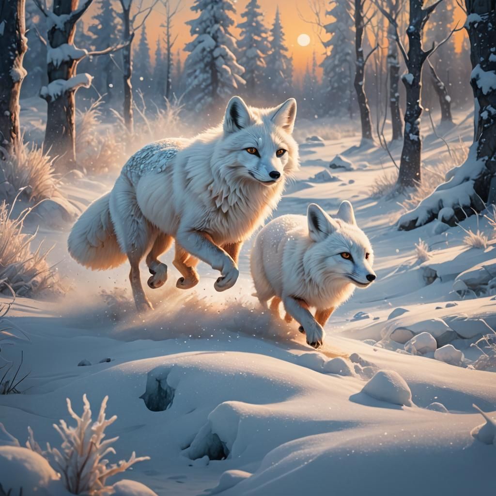 White Fox and Bunny in Arctic Snowscape