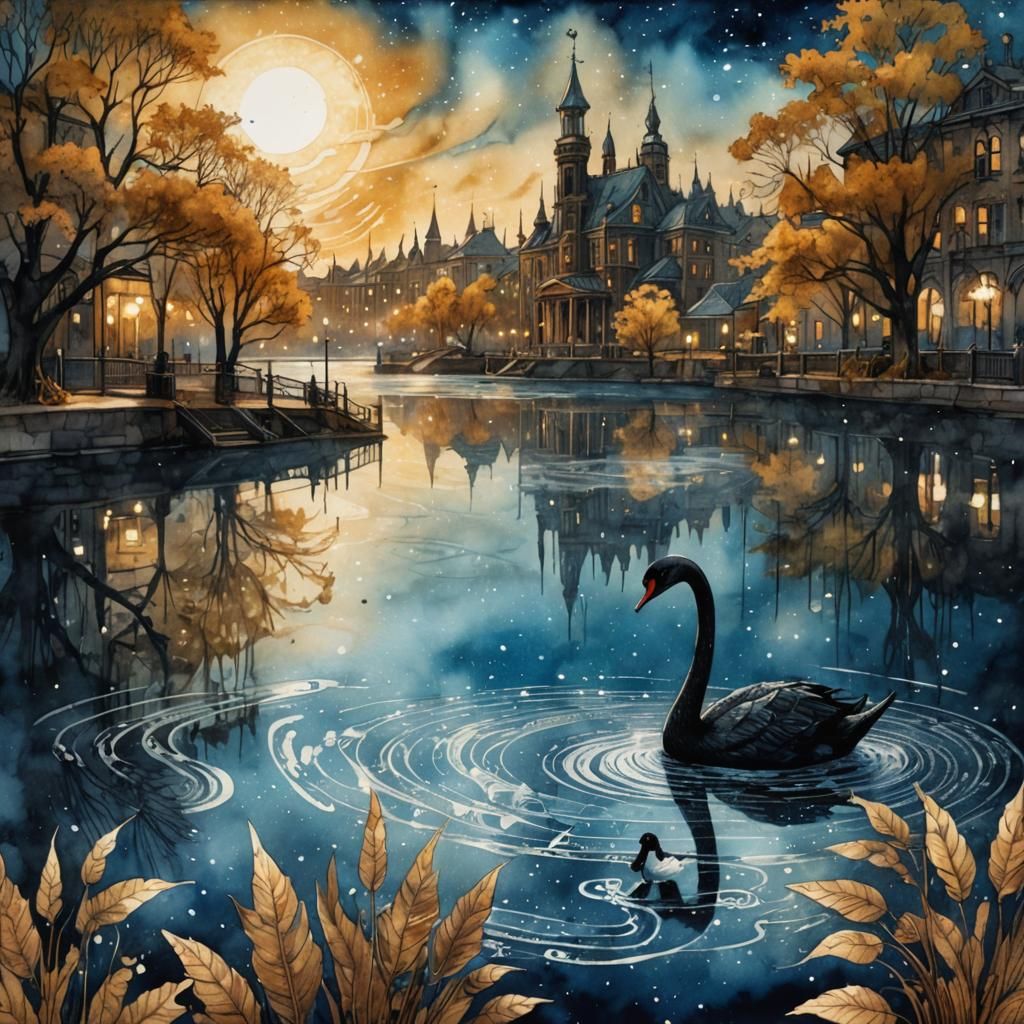Steampunk Black Swan Illustration near City Pond