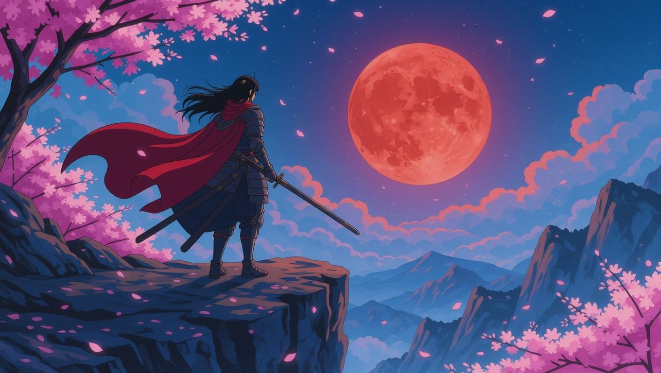 Anime Warrior Under Red Moon with Sakura